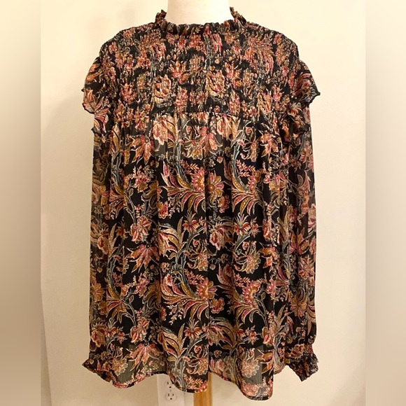 Ophelia Roe Tops - Ophelia Roe Black Red Green Floral Smocked Balloon Sleeve Ruffled Hem Top SZ 3X